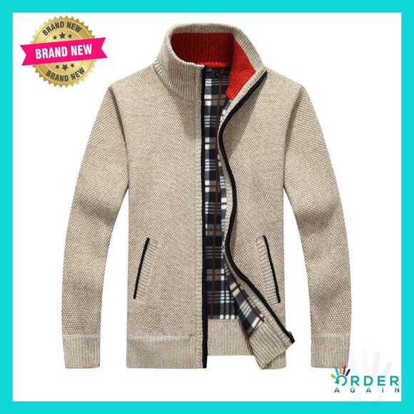 Slim Fit Knit Cardigan Fleece Lined Windbreaker Casual Classic Outerwear